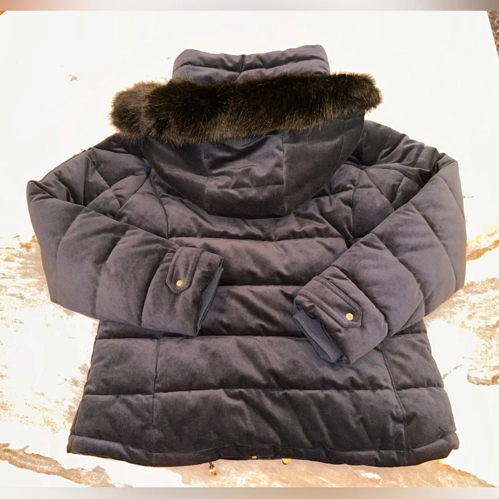 NWOT Royal Matrix Navy Puffer Jacket with Black‎ Fur Hood and Gold Button Detail
